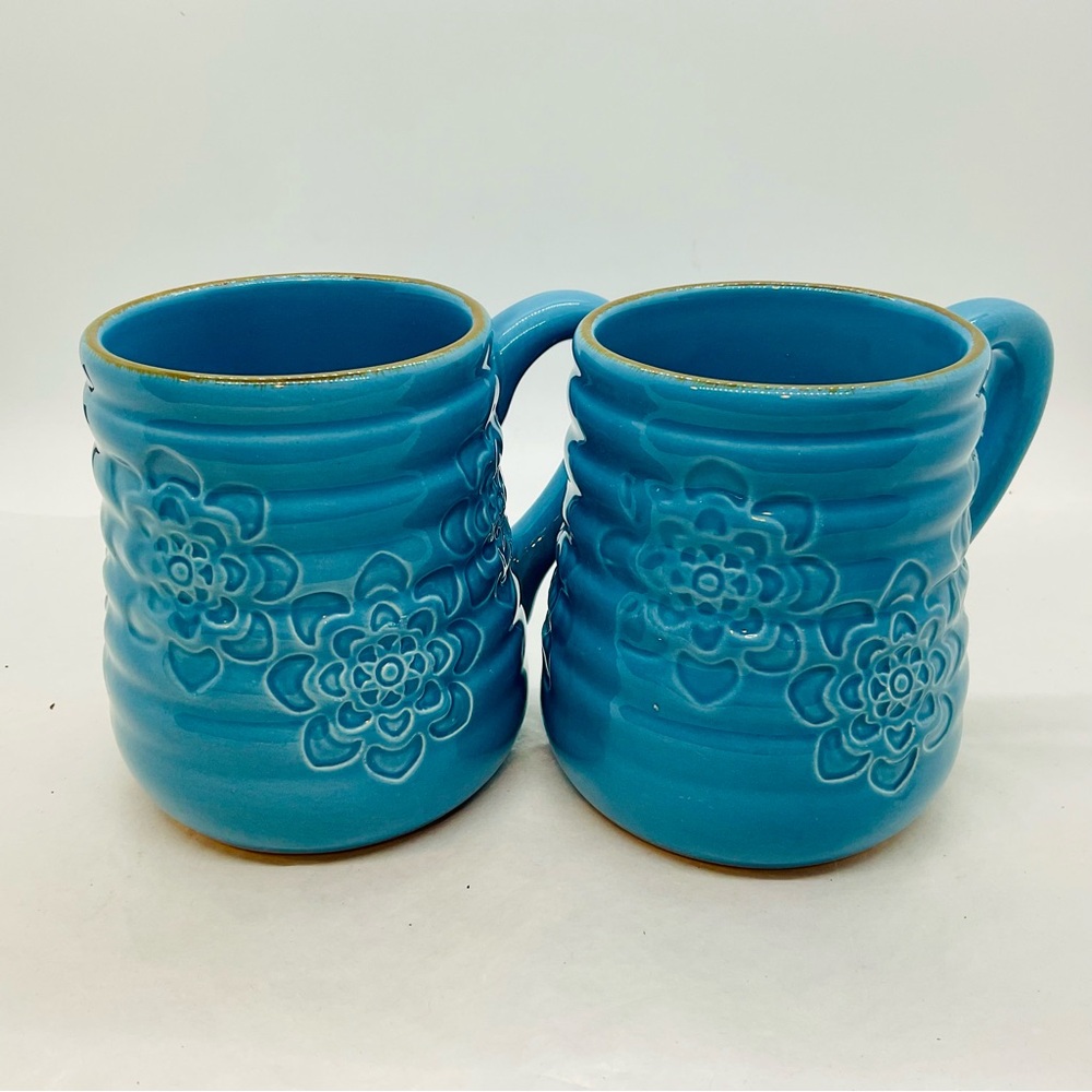 2 Coffee Mugs - Cornflower/French Blue Ceramic/Pottery Impressed Floral Design